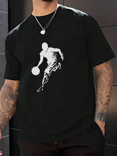 Men's Basketball Print Casual Tee - Breathable Polyester, Crew Neck, Short Sleeve T-Shirt for Casual Attire