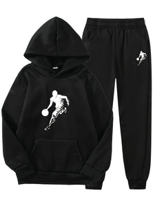 2pcs Boy's Basketball Player Print Hooded Outfit, Hoodie & Pants Set, Boys Clothes For Daily & Outdoor Wear, As Gift