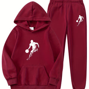 2pcs Boy's Basketball Player Print Hooded Outfit, Hoodie & Pants Set, Boys Clothes For Daily & Outdoor Wear, As Gift