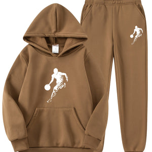 2pcs Boy's Basketball Player Print Hooded Outfit, Hoodie & Pants Set, Boys Clothes For Daily & Outdoor Wear, As Gift