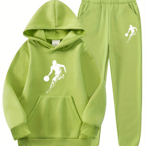 2pcs Boy's Basketball Player Print Hooded Outfit, Hoodie & Pants Set, Boys Clothes For Daily & Outdoor Wear, As Gift