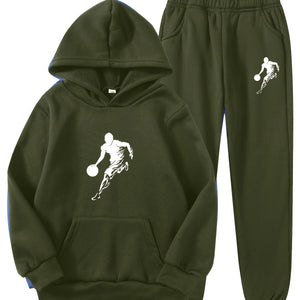 2pcs Boy's Basketball Player Print Hooded Outfit, Hoodie & Pants Set, Boys Clothes For Daily & Outdoor Wear, As Gift