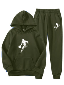 2pcs Boy's Basketball Player Print Hooded Outfit, Hoodie & Pants Set, Boys Clothes For Daily & Outdoor Wear, As Gift