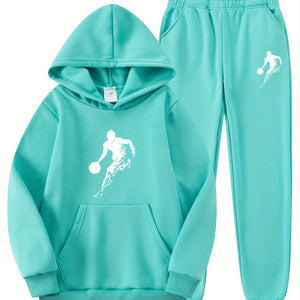 2pcs Boy's Basketball Player Print Hooded Outfit, Hoodie & Pants Set, Boys Clothes For Daily & Outdoor Wear, As Gift
