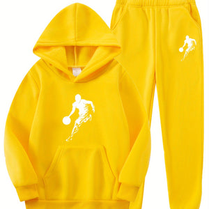 2pcs Boy's Basketball Player Print Hooded Outfit, Hoodie & Pants Set, Boys Clothes For Daily & Outdoor Wear, As Gift