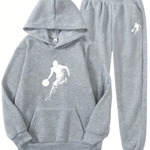 2pcs Boy's Basketball Player Print Hooded Outfit, Hoodie & Pants Set, Boys Clothes For Daily & Outdoor Wear, As Gift