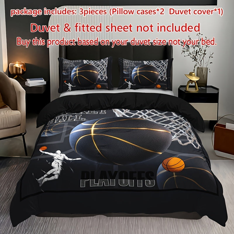 3pcs Sports Basketball Duvet Cover Set (1 Duvet Cover + 2 Pillowcase Without Pillow Insert)