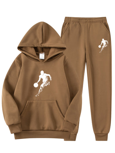 2pcs Boy's Basketball Player Print Hooded Outfit, Hoodie & Pants Set, Boys Clothes For Daily & Outdoor Wear, As Gift