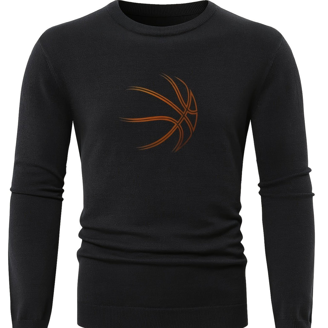 Men's Basketball Graphic Print Knitted Pullover, Casual Long Sleeve Slim-fit Crew Neck Sweater For Fall Winter